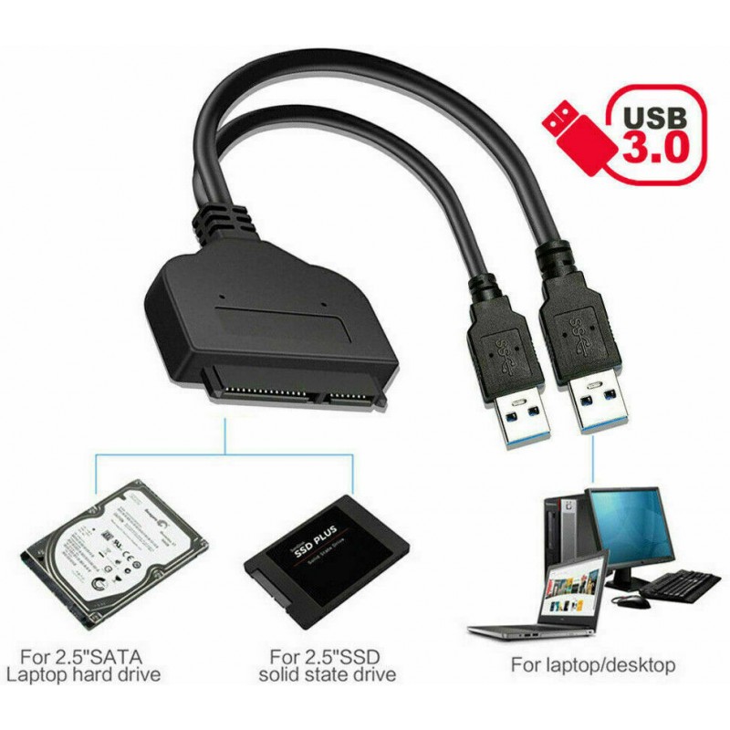 Cavo Adattatore USB 2.0 A SATA III Per HDD/SSD 2,5″ – 22 Pin – Nero 20cm – LED Attività – Supporta Fino A 3TB