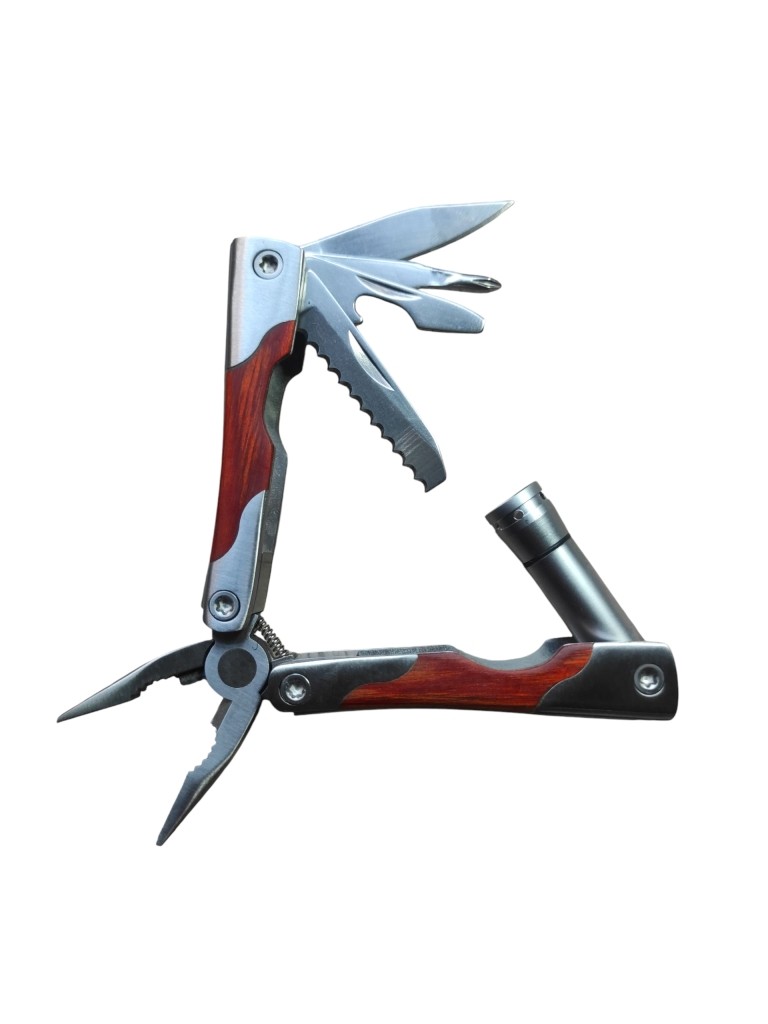 COLTELLINO PINZA ESCURSIONE CAMPEGGIO HOBBISTICA MULTIUSO METALLO E LUCE LED LEGNO ACCIAIO