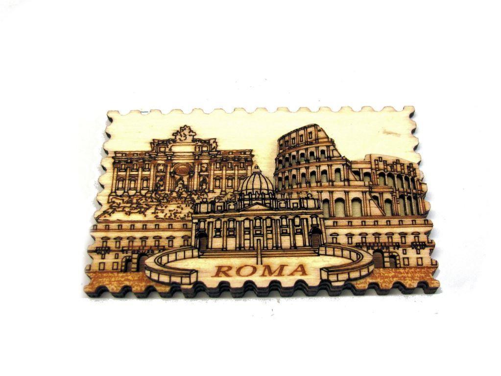 Calamita Magnete"ROMA FRANCOBOLLO MONUMENTI IN LEGNO" Fridge Magnet Souvenir
