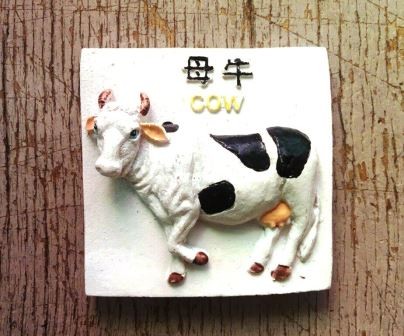 Calamita Magnete Resina "MUCCA BLACK-WHITE MILK COW" SCRITTE INGLESE CINESE Fridge Magnet