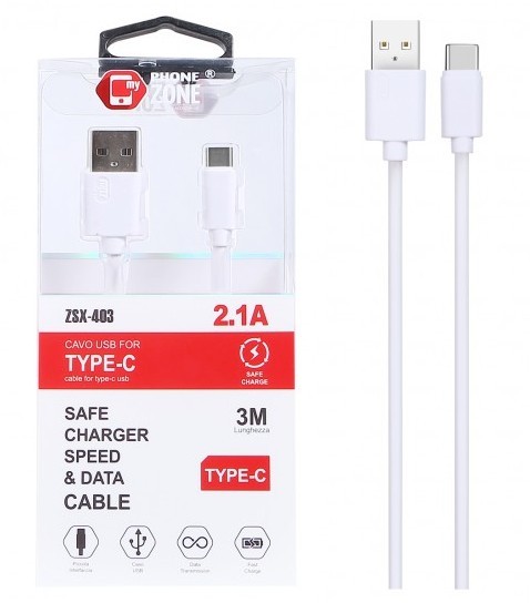 CAVO USB TYPE-C BIANCO 2.1 A 3MT IN TPE AD ALTO SPESSORE