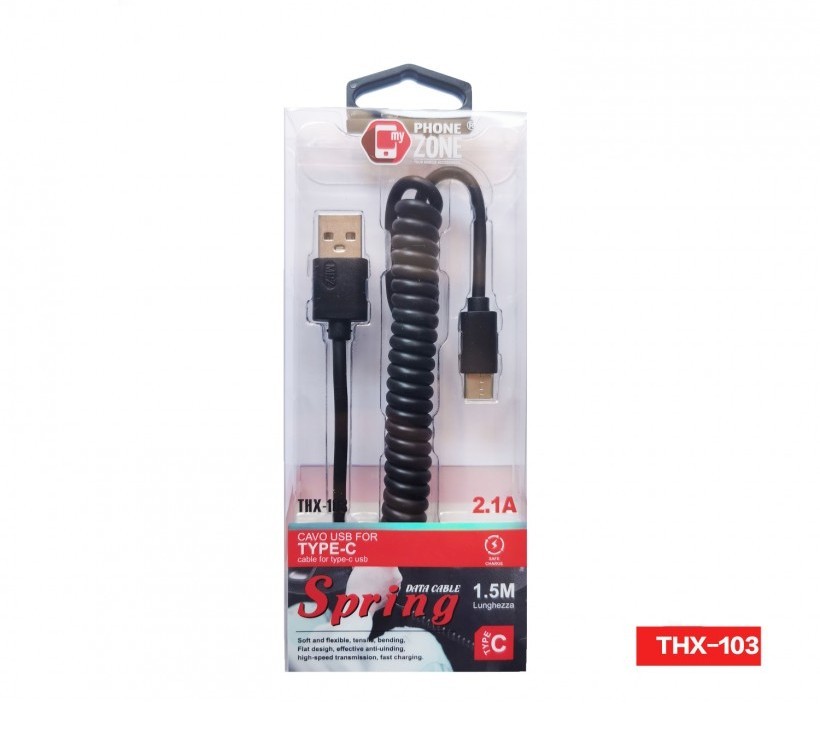 CAVO TPE USB TYPE-C TIPO C 2.1A SPIRALATO 1,5Mt CARICA E DATI