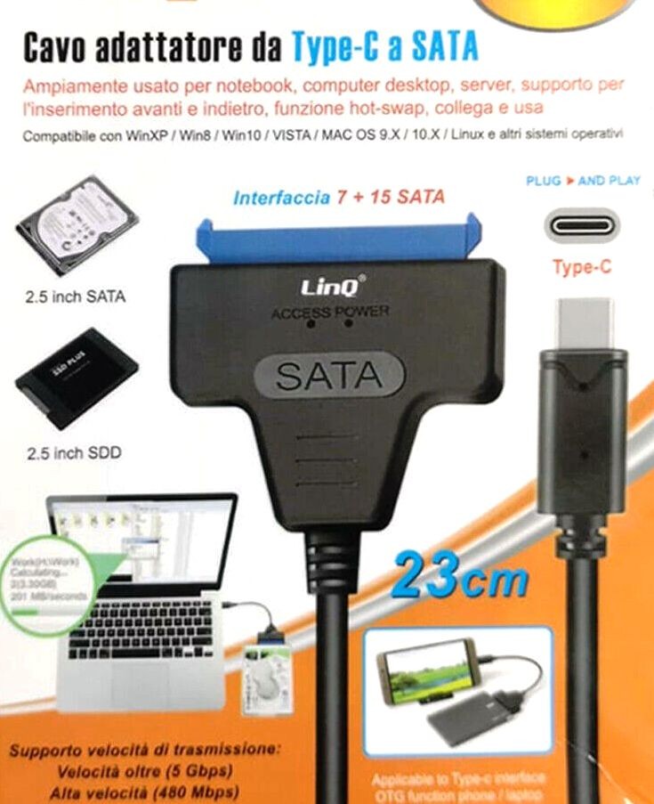 ADATTATORE CONNETTORE CAVO USB TYPE-C PER SATA HARD DISK 2,5" 