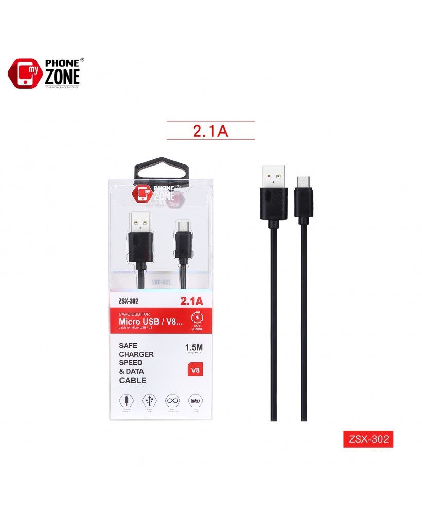 CAVO ALTA QUALITA' RICARICA SMARTPHONE MICRO USB V8 2.1A 1,5MT D:4.34mm