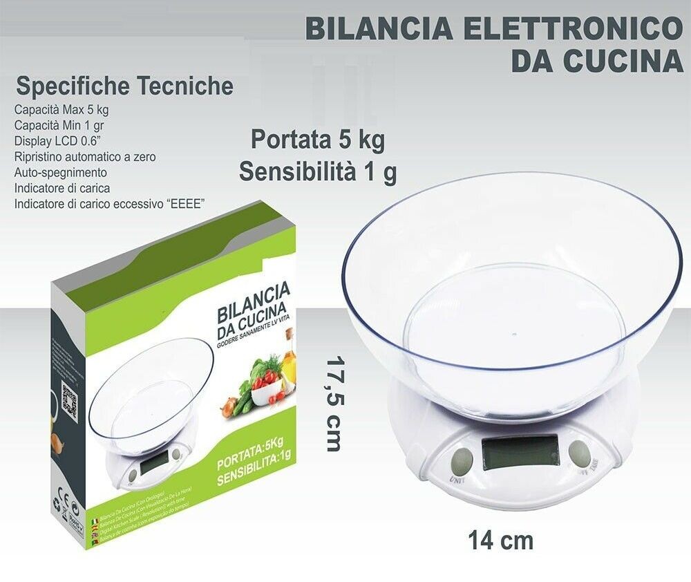 Elettrodomestico Bilancia Alimentare Digitale Lcd Tasto Tara Pesa Da 1Gr A 5Kg  con Ciotola