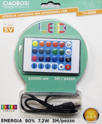 STRISCIA LED ADESIVA LUCE RGB RETROILLUMINAZIONE TV O AMBIENTE USB 3 MT FLESSIBILE