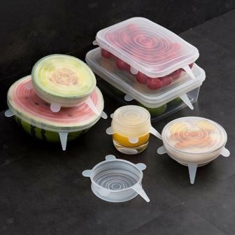 6 PACK COPERCHI IN SILICONE ALIMENTARE SALVA FRESCHEZZA VARIE FORME ALLUNGABILI