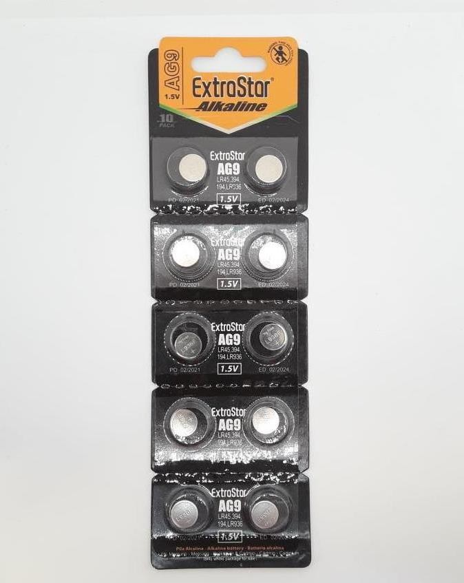 EXTRASTAR BATTERIA A BOTTONE AG9, LR936, LR45, 194 ALKALINE BATTERY 1,5V