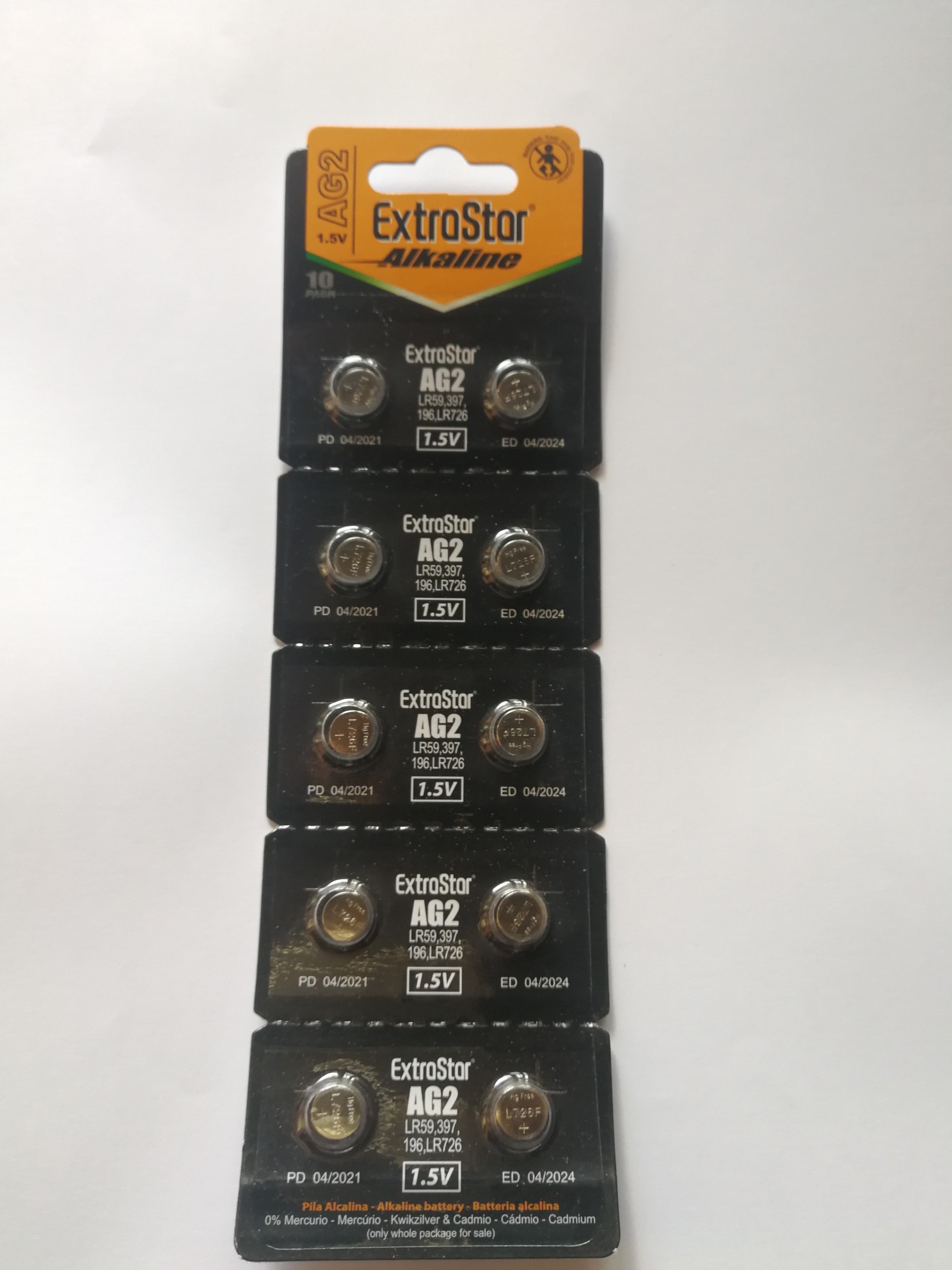 EXTRASTAR BATTERIA A BOTTONE AG2 LR726, LR59, 196 ALKALINE BATTERY 1,5V