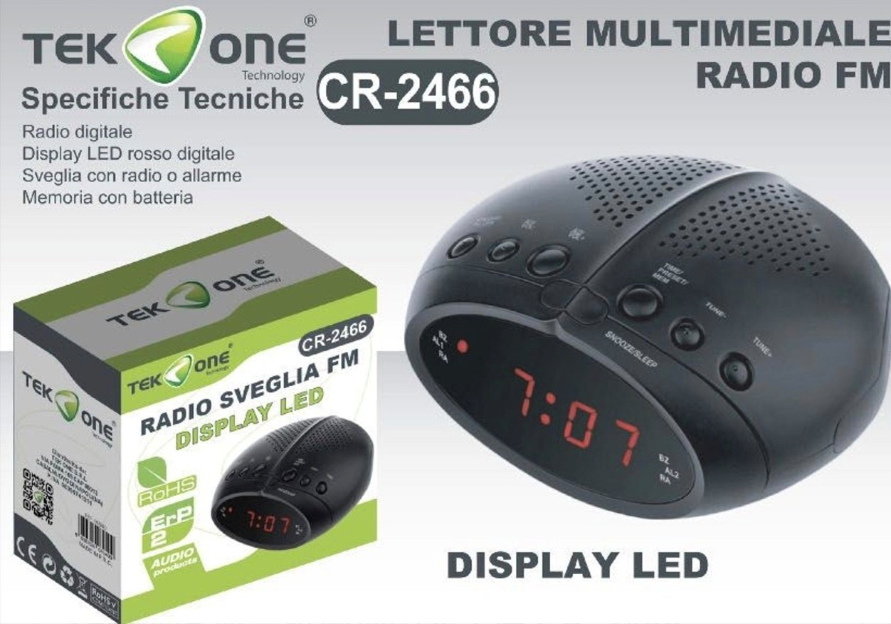 TEKONE Radio Sveglia Digitale FM Display a LED PLL Rosso Allarme FM AM Snooze CR-2466