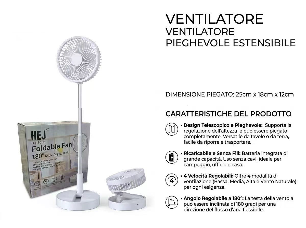 RsZs- VENTILATORE PORTATILE PIEGHEVOLE TELESCOPICO 4 PALE RICARICABILE USB ESPANDIBILE DJD-03853-10