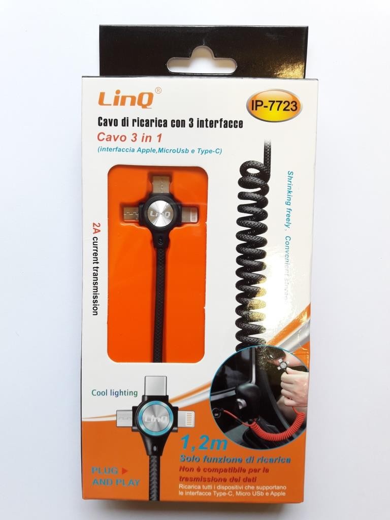 LINQ CAVO SPIRALATO DI RICARICA CON 3 CONNETTORI 3 IN 1 IP-7723 DA 1,2m TYPE-C/ MICRO USB/ LIGHTING