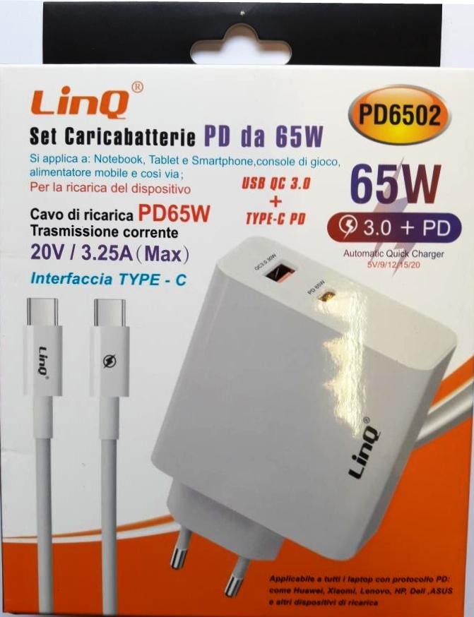 LINQ SET CARICABATTERIA PD (POWER DELIVERY) DA 65W + QC 3.0 COMPATIBILE CON LAPTOP PD:HUAWEI XIAOMI LENOVO HP DELL ASUS PD6502