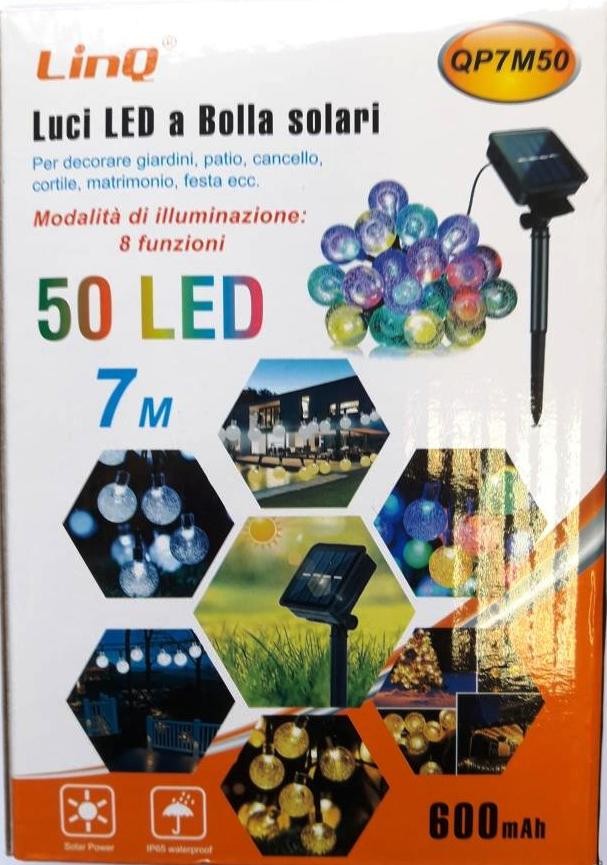 Catena Luci 50 LED energia Solare 7Mt Decorazione Esterno Balcone Giardino Veranda Festa Natale QP7M50 600mAh
