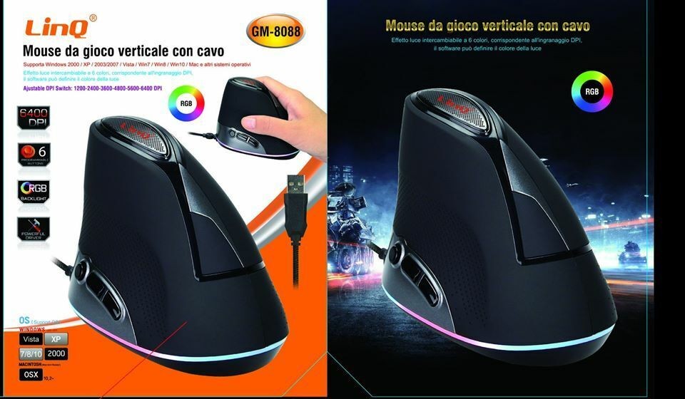 Mouse Ottico Verticale da Gioco Gaming Ergonomico con Cavo Illuminazione LED 6 Pulsanti