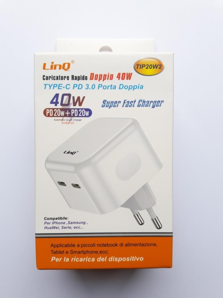 Caricatore doppio PD 3.0 40W Caricabatterie Universale Rapido presa Type-C 20W+20W