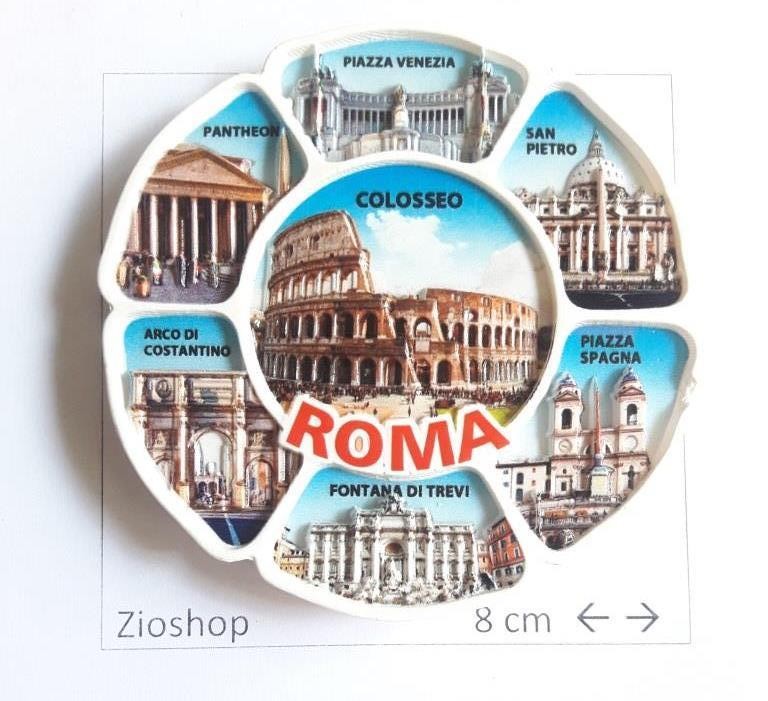 Calamita da Frigo Magnete Souvenir Roma 7 Bellezze in Resina - Piazza Venezia, San Pietro, Piazza Spagna, Fontana di Trevi, Arco di Costantino, Pantheon, Colosseo.