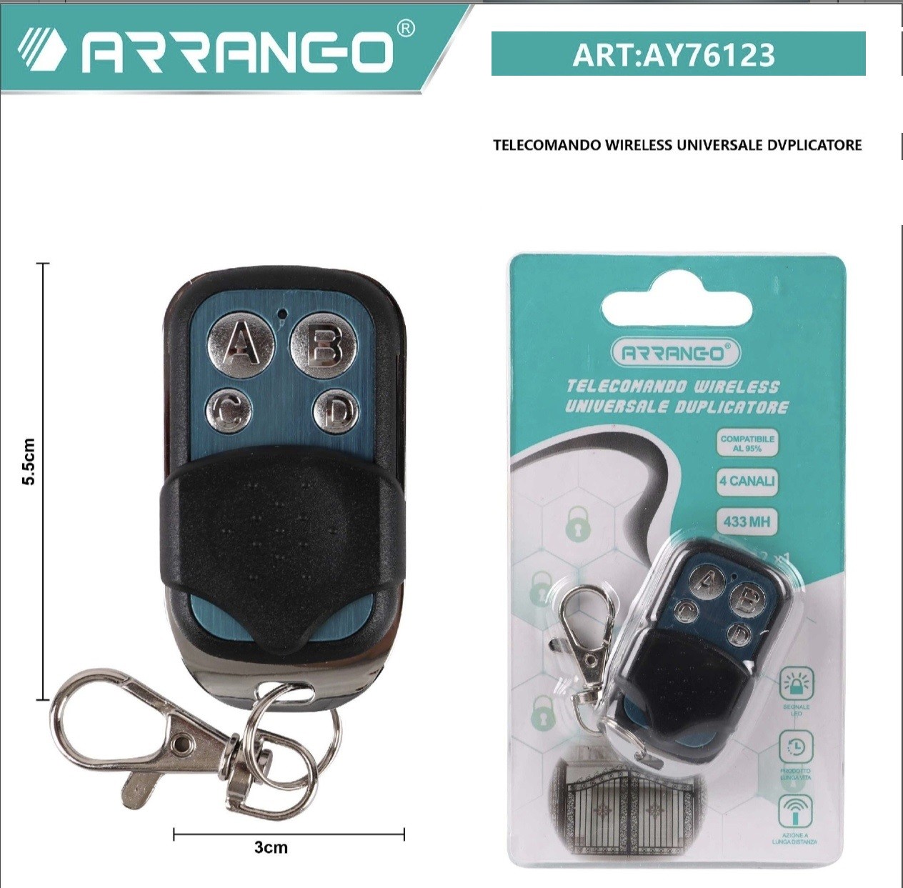 RsZs- ARRANGO TELECOMANDO DUPLICATORE WIRELESS 4 CANALI 433Mhz GV806 AY76123  