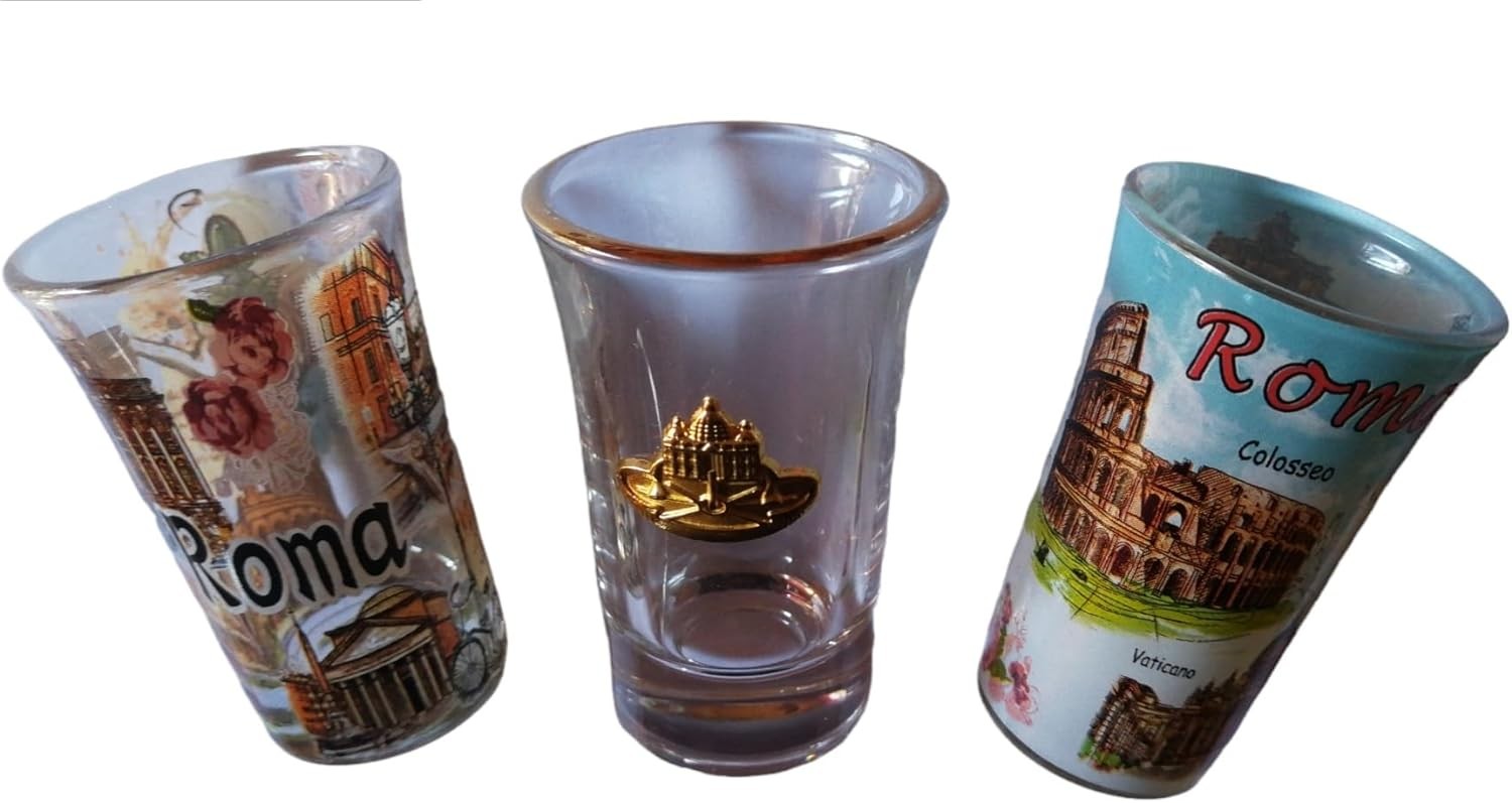 SET 3 Bicchierini shottini in Vetro per Liquori Grappa Limoncello Souvenir Roma