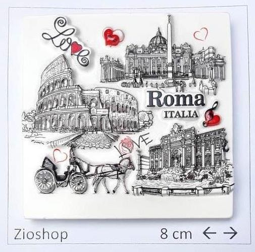 Calamita Magnete Souvenir Roma "Love Roma" in Resina Alto-Basso Rilievo San Pietro, Fontana di Trevi, Colosseo, la Botticella Romana. Effetto 3D.