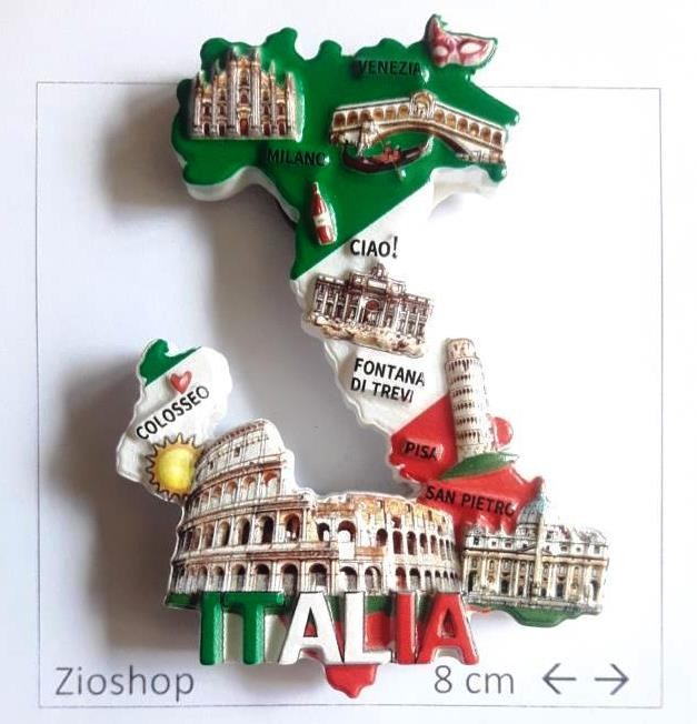 Calamita Magnete Souvenir Italia - Le Bellezze Italiane in Tricolore in Resina Alto-Basso Rilievo. Effetto 3D.