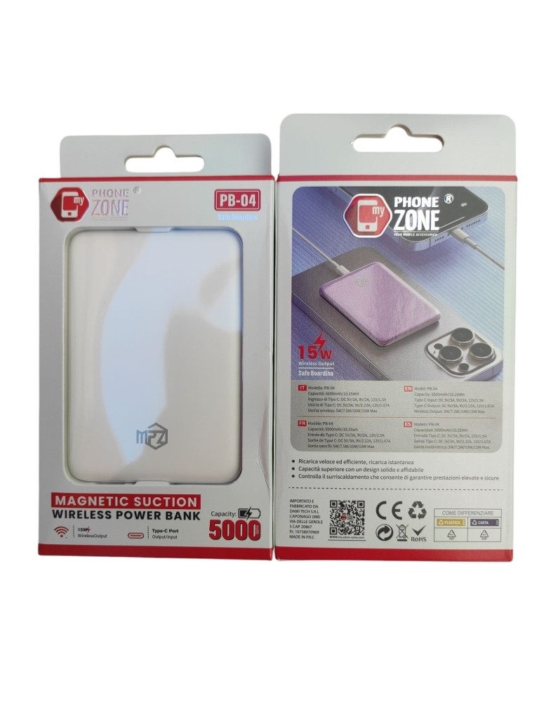 PHONEZONE POWER BANK CON FISSAGGIO MAGNETICA WIRELESS (COMPATIBILE CON MagSafe di Iphone 12/13/14/15/16) 5000mAh 5V/3A MAX USCITA TYPE-C PB-04