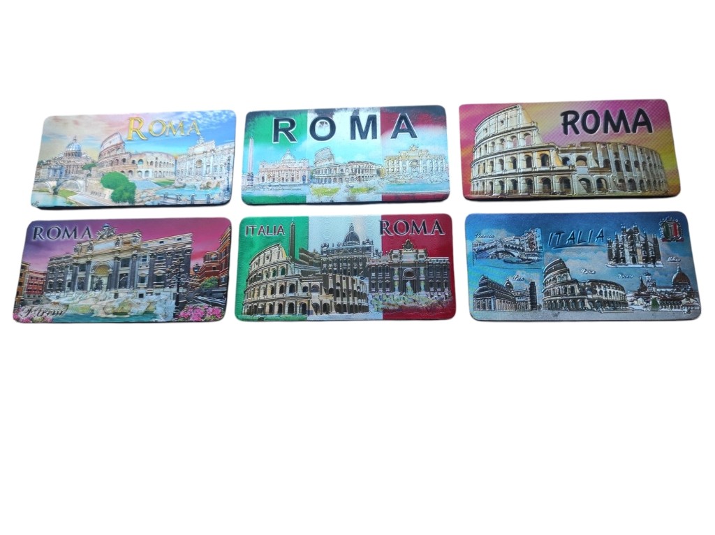 Set 6 Calamita Magnete Frigorifero Fridge Magnets Print Stampe 3D a Rilievo Effetto Riflesso Luce Con Filamento Argenteo ed Oro Roma - Italia