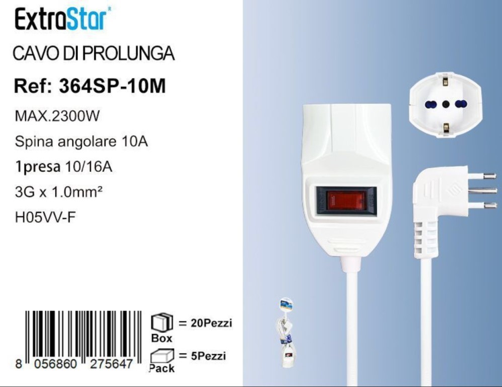EXTRASTAR CAVO DI PROLUNGA SPINA 10A 1 PRESA SCHUKO CON PROTEZIONE CAVO 10 Metri  C-364SP-10M