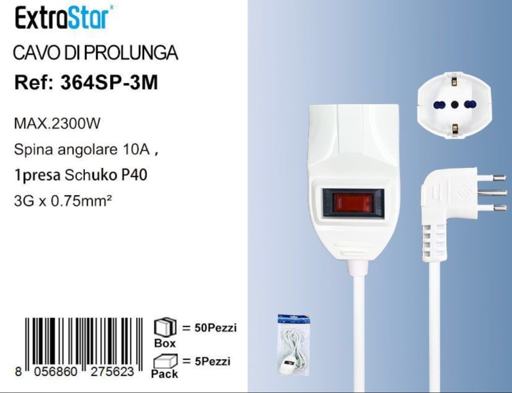 EXTRASTAR CAVO DI PROLUNGA SPINA 10A 1 PRESA SCHUKO CON PROTEZIONE CAVO 3 Metri  C-364SP-3M