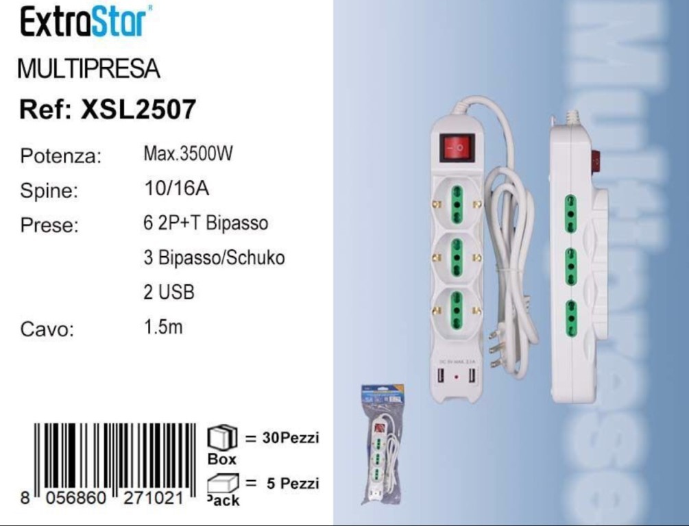 EXTRASTAR MULTIPRESA 10/16A + SCHUKO +2 USB SPINA 10A CON SOVRACCARICO C-XSL2507 CAVO 1.50 Metri