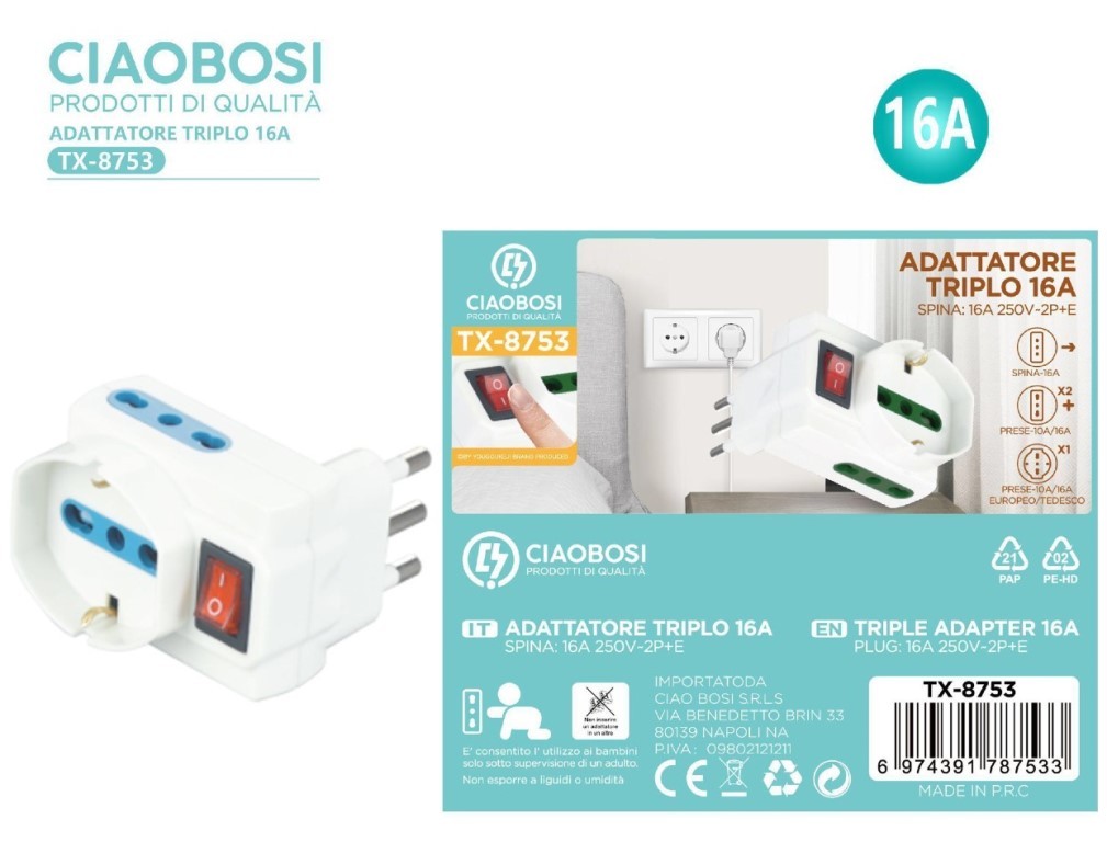 CiaoBosi Adattatore Triplo 16A con Interruttore TX-8753