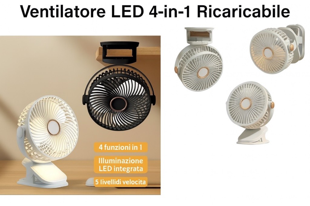 Ventilatore Portatile Estivo Compatto, Mini Ventaglio Ricaricabile USB con Clip Multifunzione 4-in-1: da Tavolo, Mano e a Clip, Flusso d'Aria Potente e Lunga Durata della Batteria, Ideale per Uso in Movimento