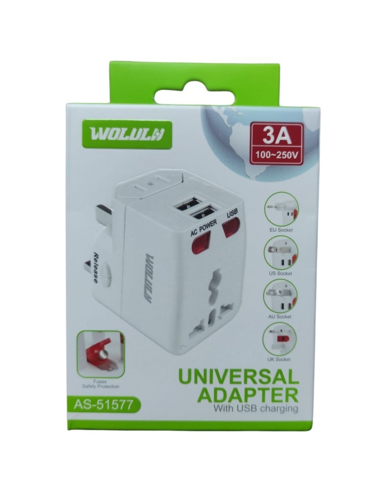 WOLULN ADATTATORE DA VIAGGIO 3A 100-250V CON DUE PORTE USB AS-51577