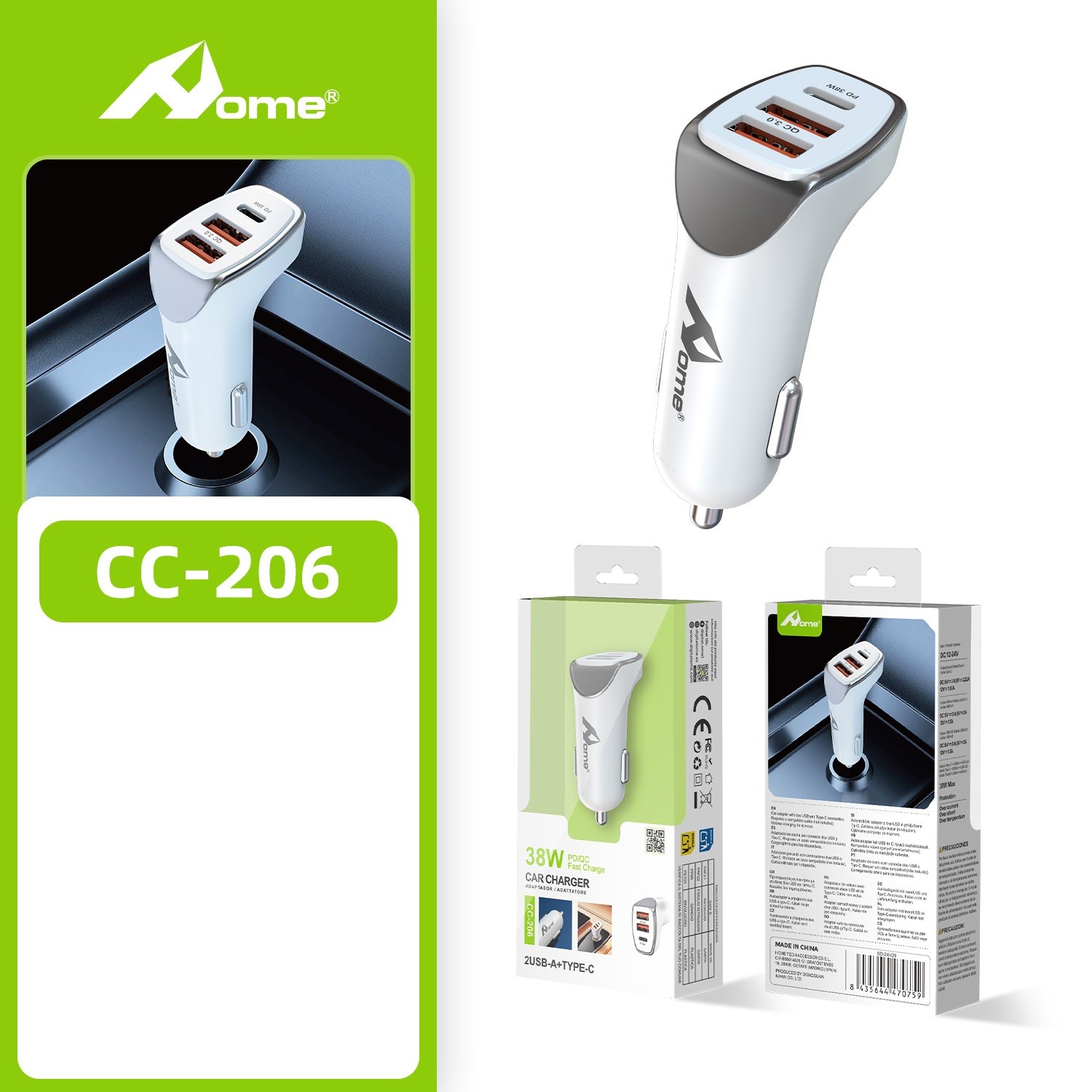 HOME CAR CHARGER ADATTATORE 2 USB-A+TYPE-C CC-206 38W PD/QC