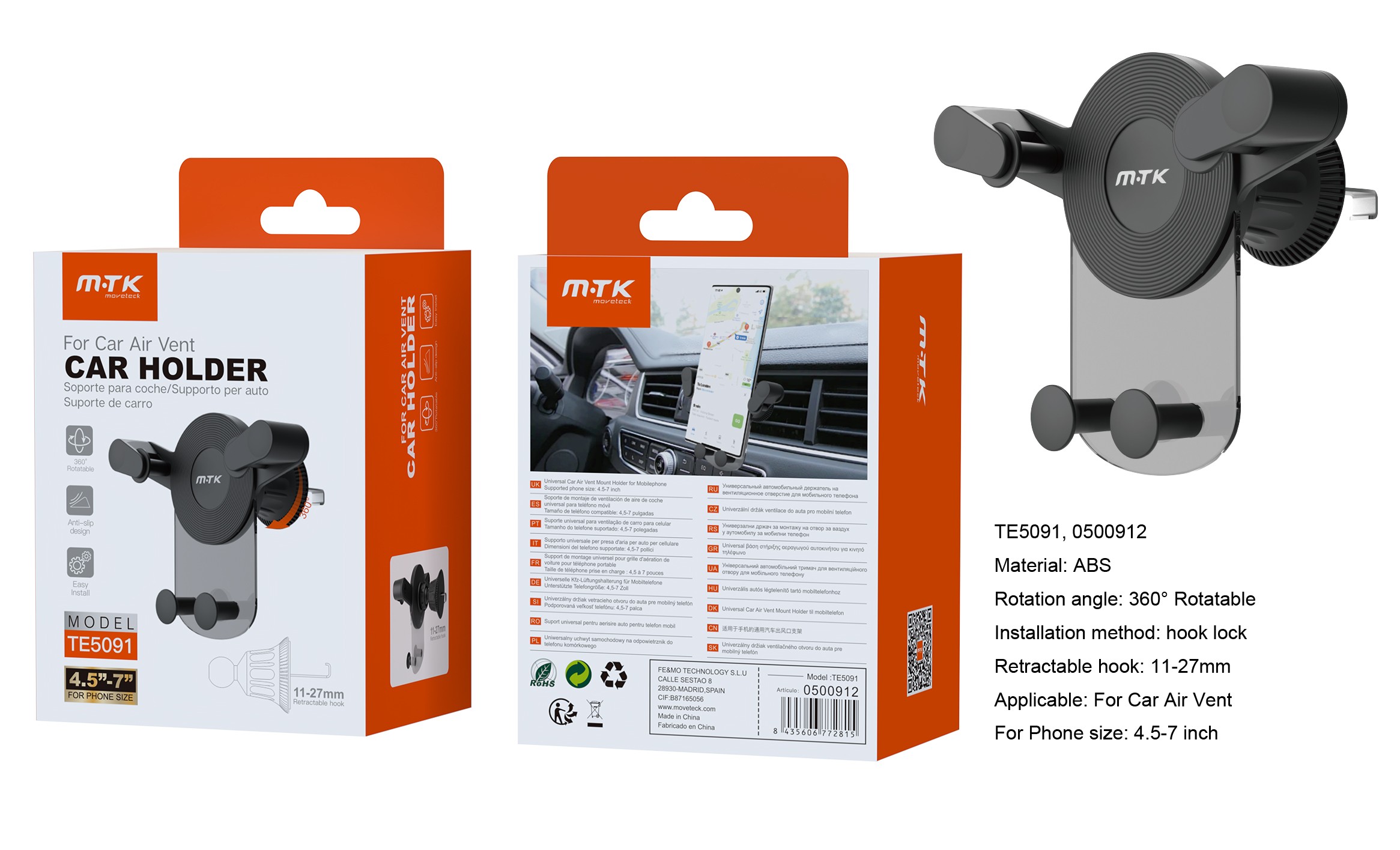 MTK CAR HOLDER GRIGLIE ARIA TE5091 CON GUIDE VERTICALE Per Smartphone da 4.5" a 7"