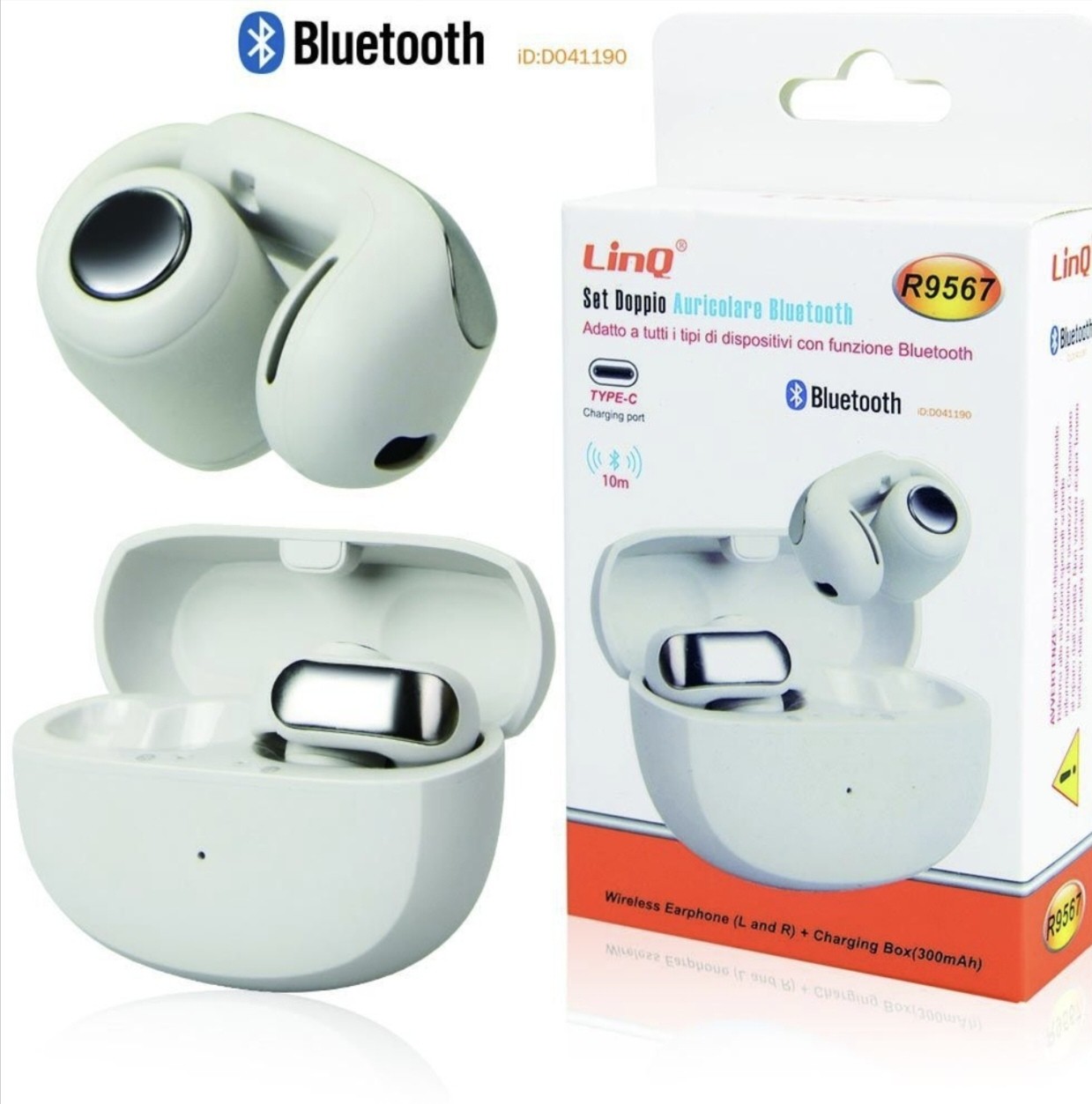 LINQ SET DOPPIO AURICOLARE BLUETOOTH DESIGN AD ORECCHINO CHARGING BOX 300mAh R9567