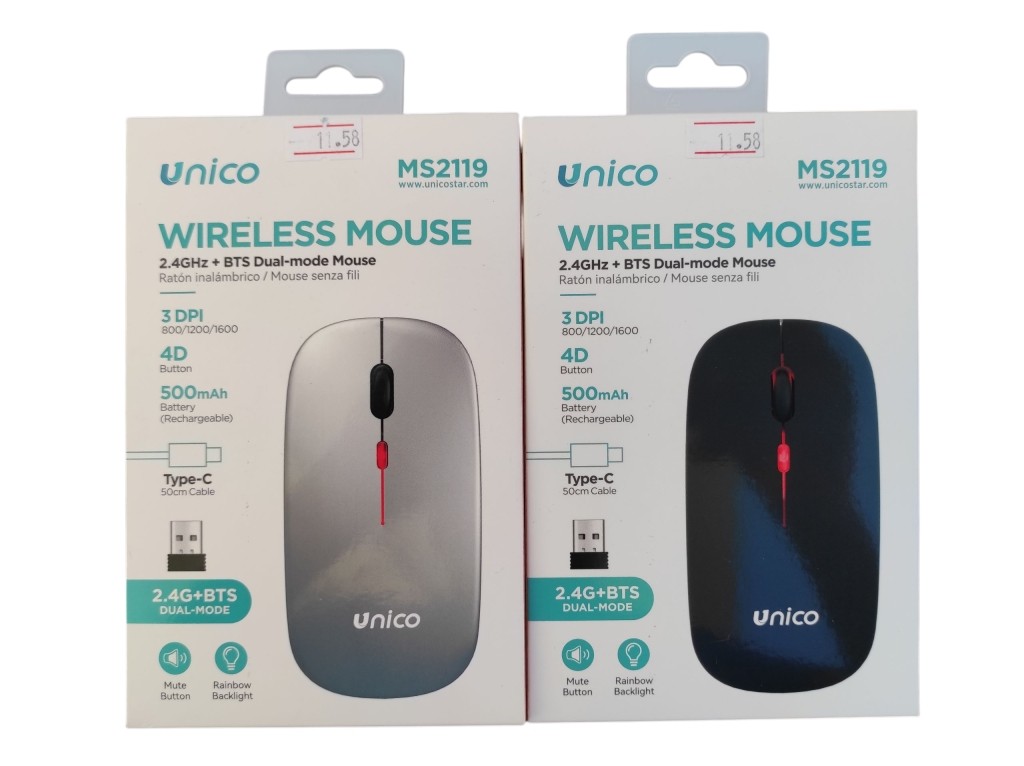 RsZs- UNICO WIRELESS MOUSE 2,4GHZ E BLUETOOTH DUAL MODE TABLET SMARTPHONE PC NOTEBOOK RICARICABILE 500mAh TYPE-C 3 DPI 4D BOTTON SILENZIOSO CON RAINBOW BACKLIGHT MS2119