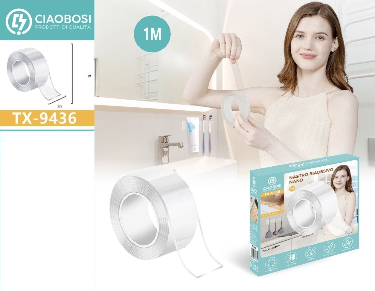 CIAOBOSI NASTRO BIADESIVO TRASPARENTE DA L.1m S.2mm l.30mm TX-9436