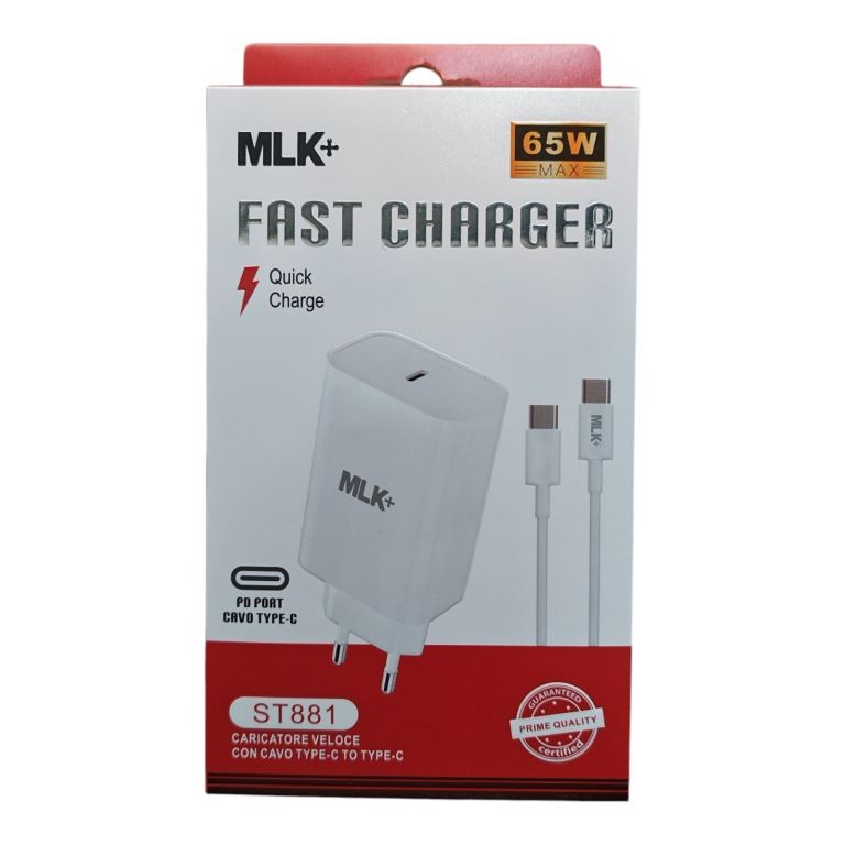 SET DI RICARICA SUPERVELOCE MLK+ CARICATORE FAST CHARGER 65W PD + CAVO TYPE CC 2m ST881