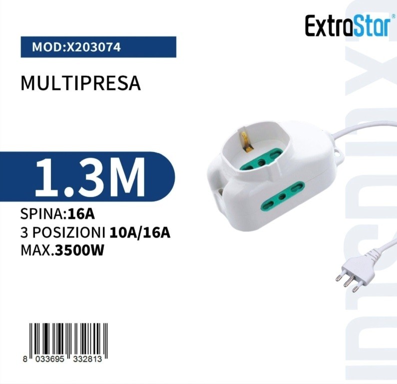 EXTRASTAR X203074 Multipresa Cubo 3 Prese (2 bipasso + 1 Schuko) Cavo 1.3 m