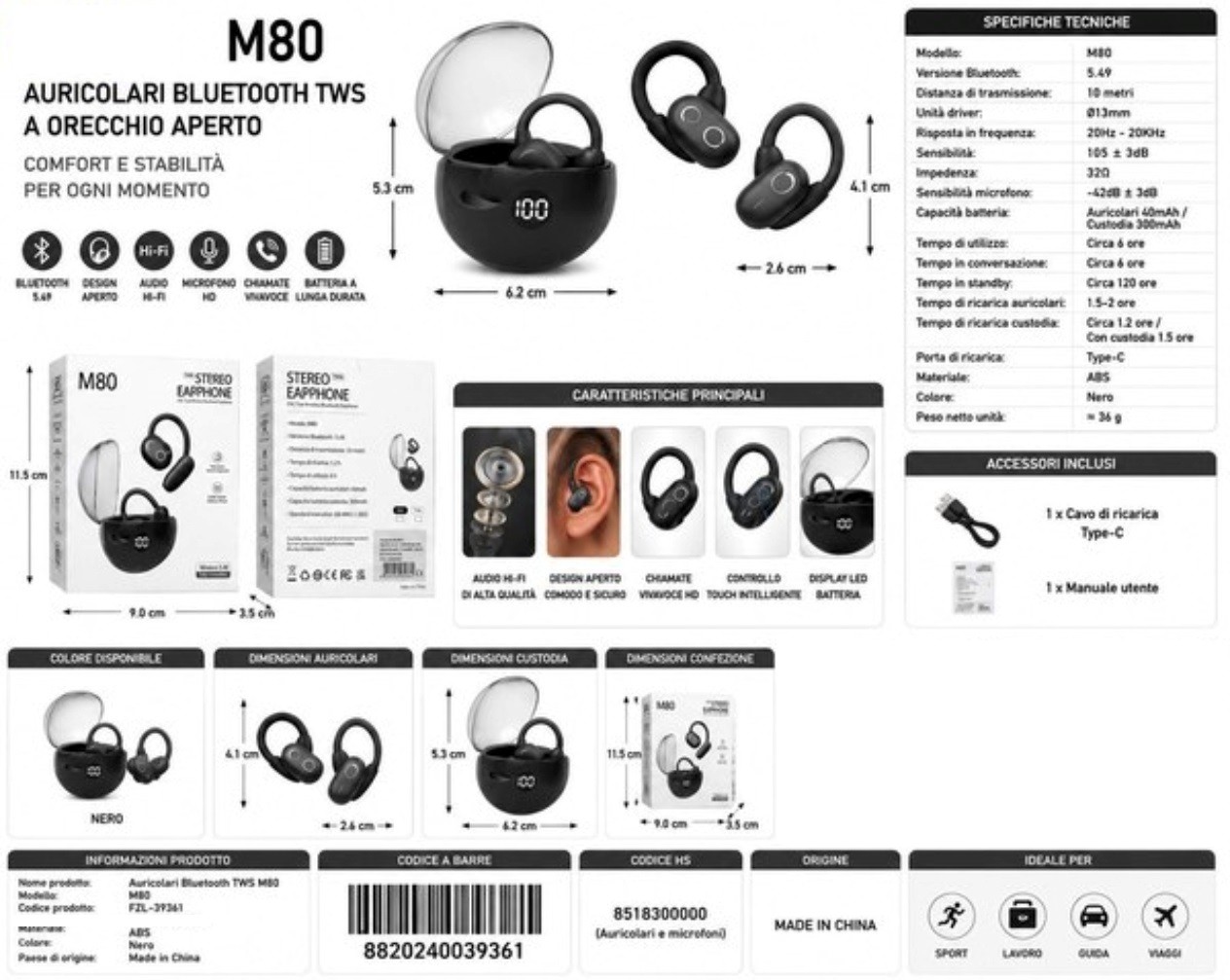 AURICOLARE BLUETOOTH ERGONOMICO WIRELESS STEREO EARPHONE M80