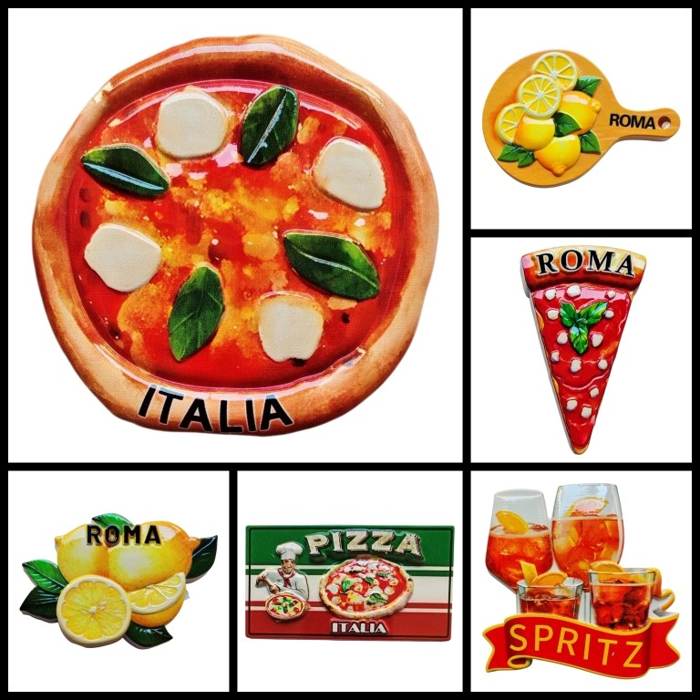 COMPOSIZIONE "21W" - 6 PEZZI DI CALAMITE MAGNETI PER FRIGO SOUVENIR "FOOD EXCELLENCE" ITALIA 