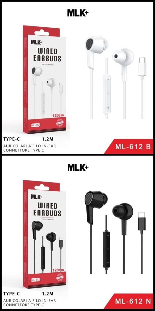 MLK+ AURICOLARE A FILO IN-EAR CON CONNETTORE TYPE-C ML-612 FLESSIBILE TPE