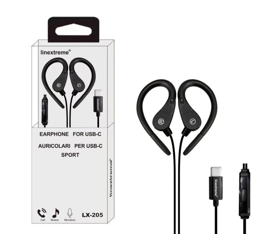 LINEXTREME AURICOLARE SPORTIVO CON CONNETTORE TYPE-C LX-205  DA 1.2m 