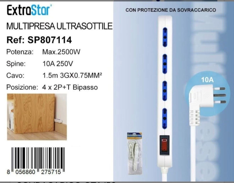 EXTRASTAR MULTIPRESA SALVASPAZIO A 4 VIE 10/16A CON SPINA 10A PROTEZIONE SOVRACCARICO SP807114 