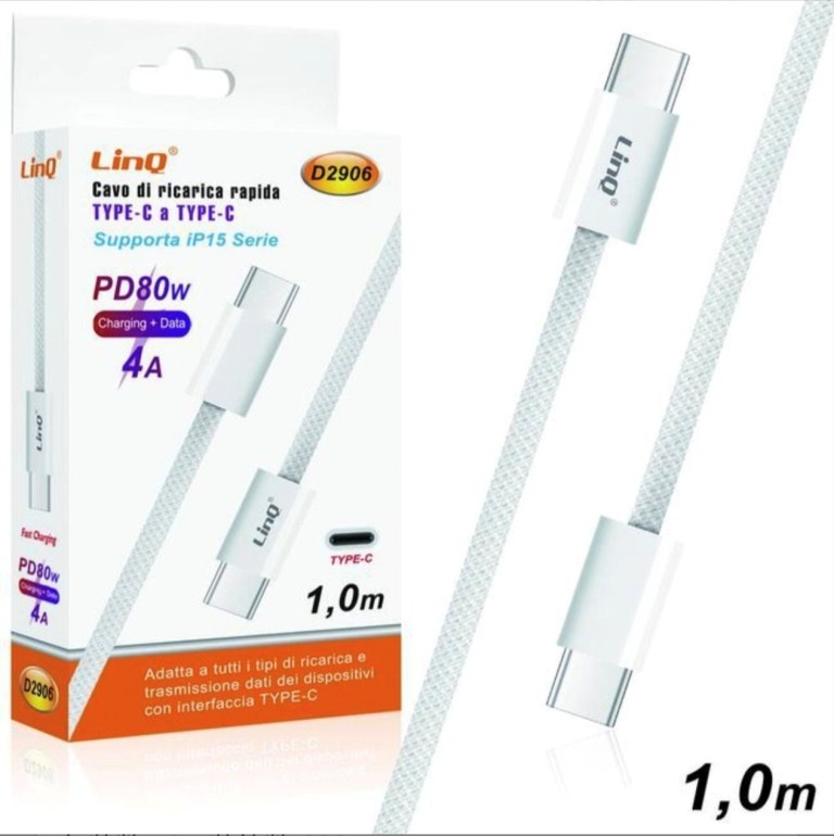 CAVO DI RICARICA RAPIDA TYPE-C A TYPE-C PD80W 4A 1m D2906 