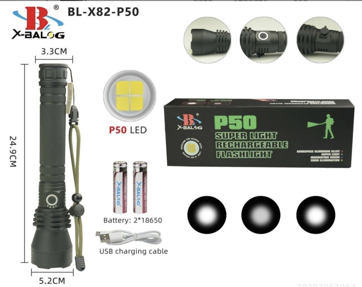 X-BALOG SUPER TORCIA TATTICA LED ZOOM RICARICABILE BL-X82-P50  