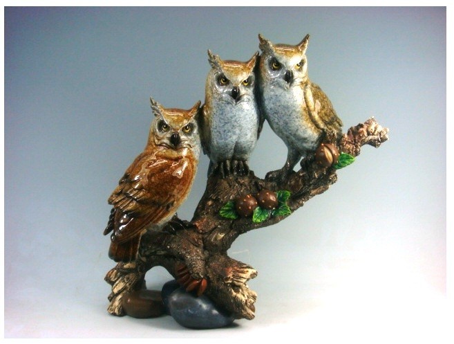 SPLENDIDO TRIS DI GUFETTI BOMBONIERA STATUETTA RESINA GUFO OWL PORTAFORTUNA  H:30Cm