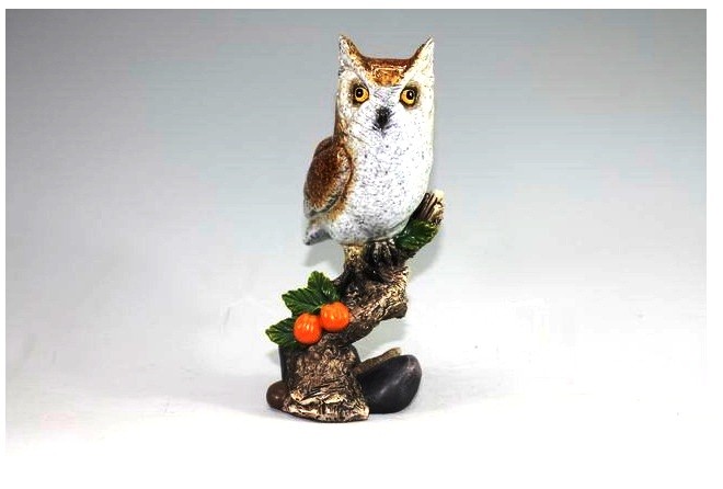 SPLENDIDO GUFETTO SU RAMO BOMBONIERA STATUETTA RESINA GUFO OWL PORTAFORTUNA  H:18Cm