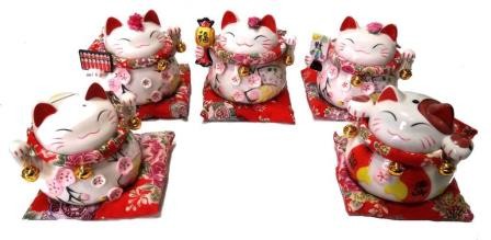 Maneki Neko SALVADANAIO GATTO PORTAFORTUNA PROSPERITA' IN CERAMICA BIANCA DIPINTA A MANO